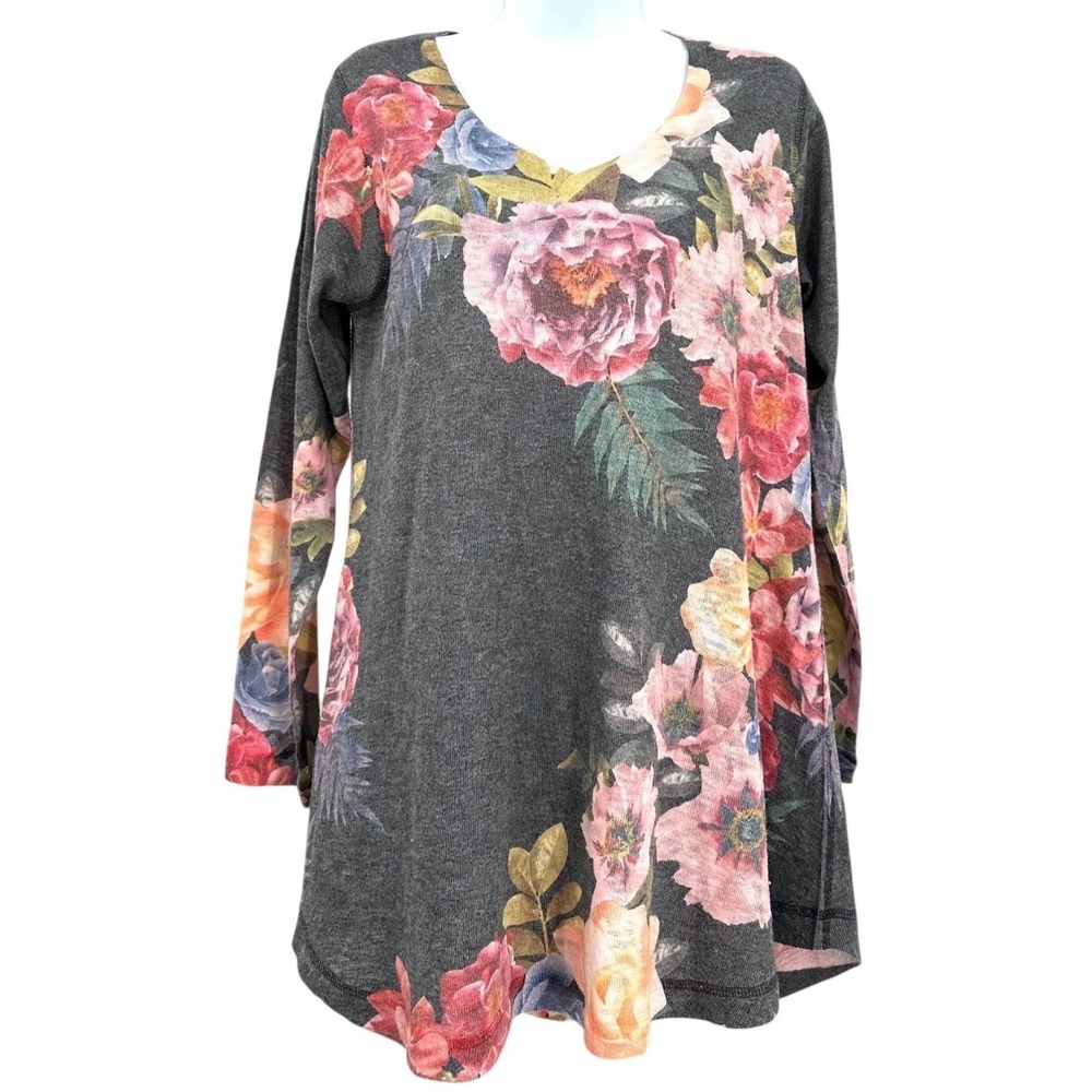 SOFT SURROUNDINGS V-Neck Sweater Gray Floral Lightweight Knit Women's Medium